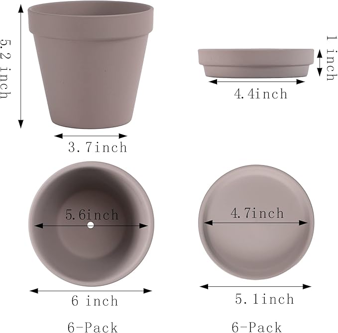 Yishang Large Terra Cotta Pots with Saucer- 6 Pack Large 6'' Terra Cotta Plant Pot with Drainage Hole, Flower Pot with Tray, Terracotta Pot for Indoor Outdoor Plant(Grey)