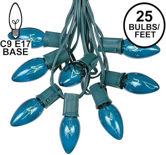 Novelty Lights C9 Teal Christmas String Light Set - Outdoor Christmas Light String - Hanging Christmas Lights - Roofline Light String - Outdoor Patio String Lights - Green Wire - 25 Foot