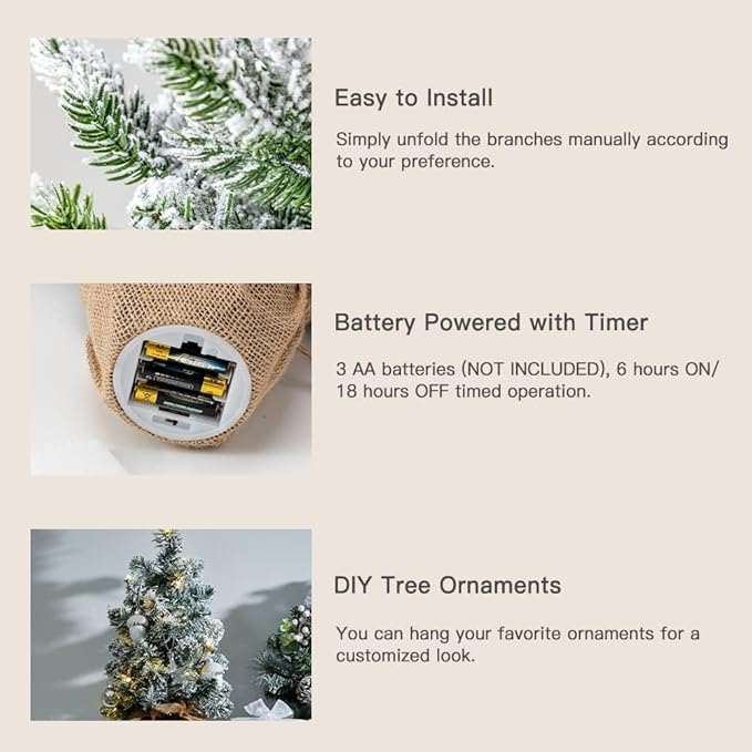 24 Inch 2 FT Pre-lit Snowy Mini Christmas Tree, DECSPAS Small Tabletop Flocked Christmas Tree with 20 LED Lights Red Berries Pine Cones and Cloth Bag Base Xmas Decorations for Holiday Party (Color B)