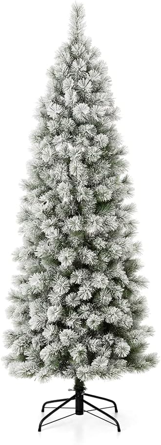 Glitzhome 7.5ft Pre-Lit Flocked Pencil Pine Artificial Christmas Tree with 350 Warm White Lights and Foldable Metal Stand for Home, Office, Party Decoration, Easy Assembly