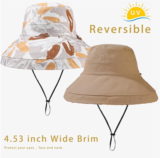vidsel Womens Sun Hats Wide Brim Reversible Bucket Cotton Hat Packable Summer Travel Cap with Hat Clip,UV Protection