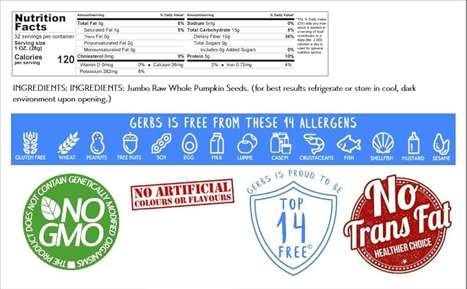 Jumbo Raw Pumpkin Seeds in Shell by Gerbs - 2 LBS - Top 11 Food Allergen Free & Non GMO - Vegan & Kosher - Premium Giant Size Whole Pepitas – COG USA