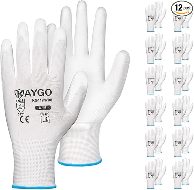KAYGO Safety Work Gloves PU Coated-12 Pairs, KG11PB, Seamless Knit Glove with Polyurethane Coated Smooth Grip on Palm & Fingers, for Men and Women, Ideal for General Duty Work (Medium, White)