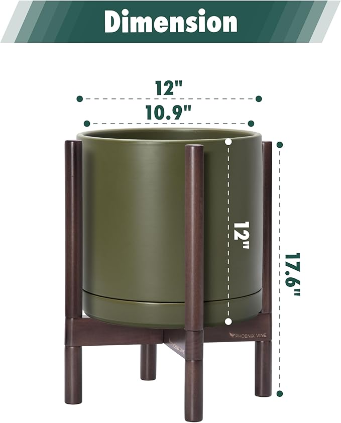 D'vine Dev Ceramic Planter with Walnut Color Stand - 12 Inch Modern Round Flower Pot with Wood Planter Holder, Olive, 55-B-W-J
