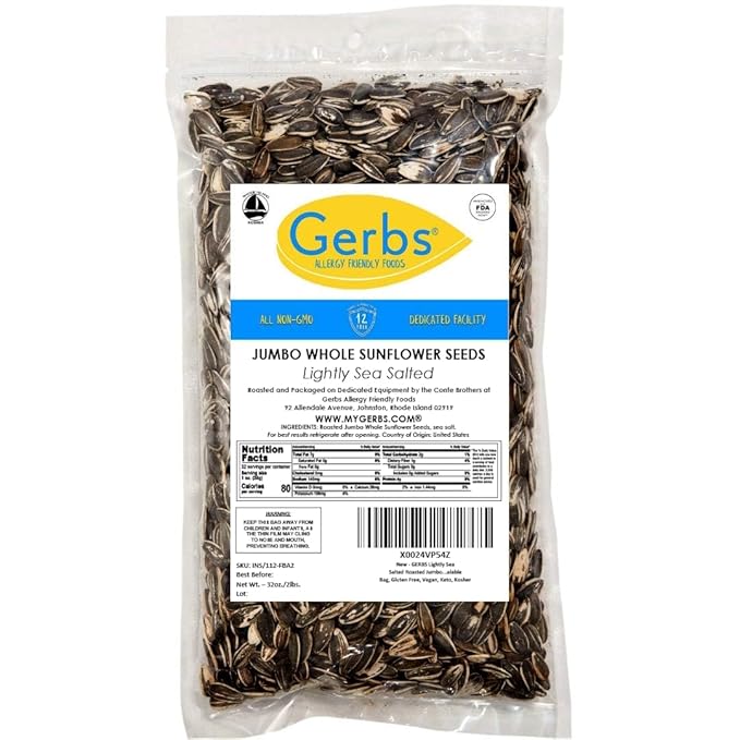 Jumbo Lightly Sea Salted Sunflower Seeds by Gerbs - 2 LBS. - Top 14 Food Allergen Free & Non GMO - Vegan, Keto Safe, Kosher - Grown in USA
