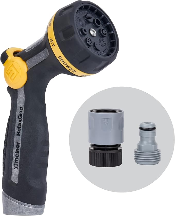Melnor 65188AMZ RelaxGrip Metal Nozzle, Multi-Pattern, Arthritis Foundation Ease of Use Certified, Quick Connect Bundle, Black, Yellow
