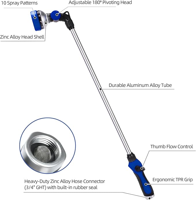 Watering Wand for Garden Hose, 30 Inch, 10 Spray Patterns, Thumb Control Garden Hose Nozzle, Adjustable Water Sprayer with Pivoting Head, Ideal for Hanging Baskets, Plants, and Shrubs, Blue