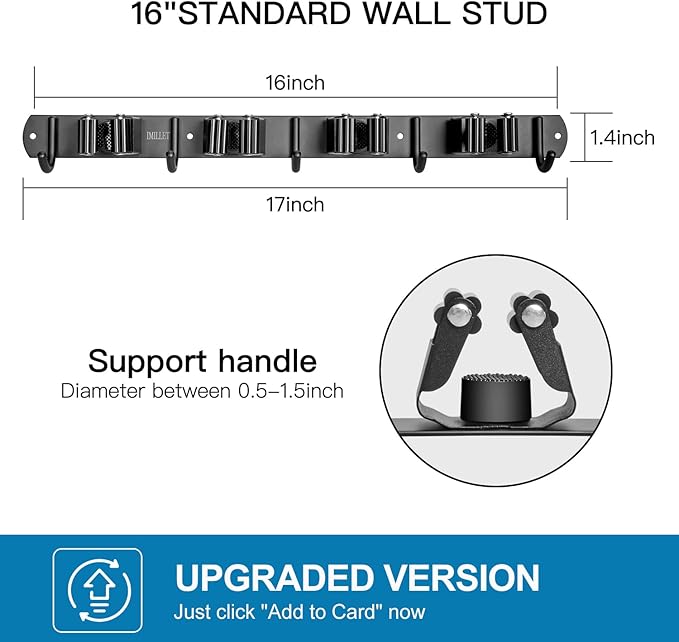IMILLET 2 Pack Broom and Mop Holder Wall Mounted, Broom Holder Stainless Steel Broom Organizer Heavy Duty Tools Organizer Self Adhesive for Laundry Room Garage Garden（4 Racks and 5 Hooks）