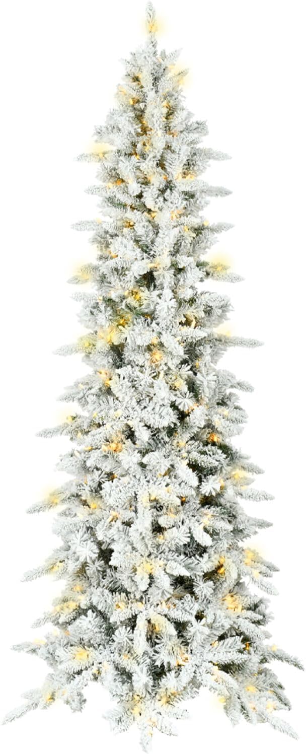 Fraser Hill Farm 6.5-Ft. Slim Mountain Pine Flocked Artificial Christmas Tree with Warm White LED Lights and Stand, Prelit Foldable Fake Tree with Realistic Snowy Foliage for Home Decoration