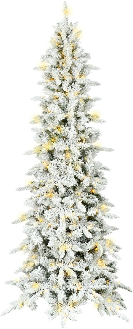 Fraser Hill Farm 6.5-Ft. Slim Mountain Pine Flocked Artificial Christmas Tree with Warm White LED Lights and Stand, Prelit Foldable Fake Tree with Realistic Snowy Foliage for Home Decoration
