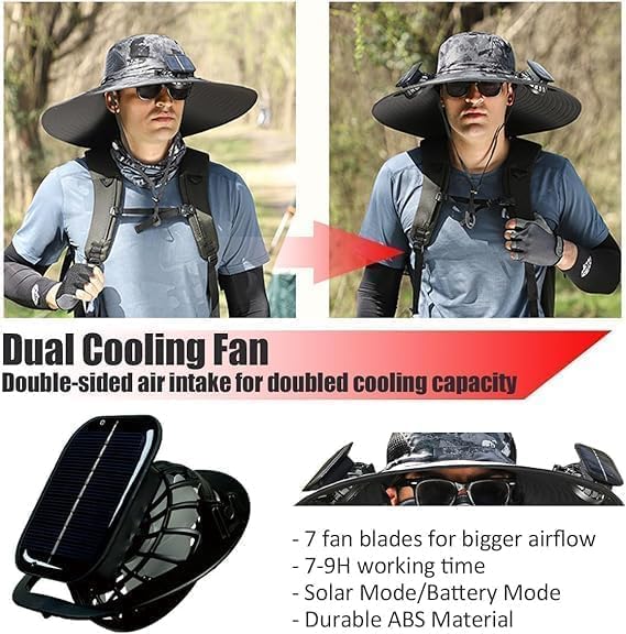 Wide Brim Solar Fan Hat, Wide Brim Solar Fan Outdoor Fishing Hat, Solar Fan Hats for Men-Solar & USB Charging
