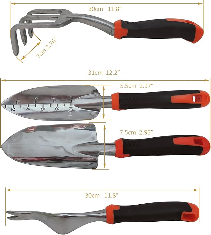 Gardening Tool Set Including Hand Trowel, Transplant Trowel, Cultivator Hand Rake, Pruning Shears and Weeder, Non-Slip Rubber Grip (4 pcs Orange)