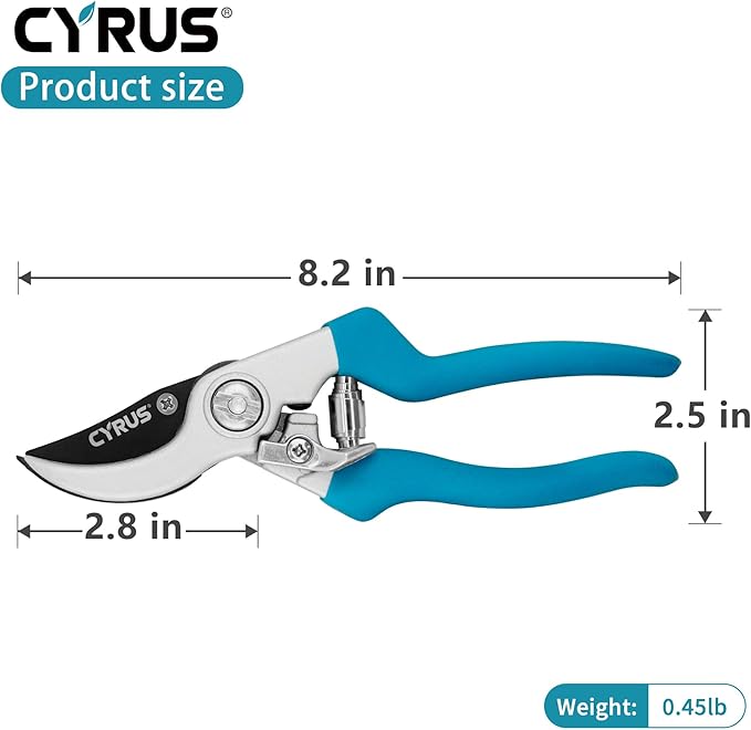 CYRUS Pruning Shears for Gardening 8" Pruners Trimming Scissors Non Stick Coating Blade with High Rebound Spring Effortless Pruning Scissors Widely Used for Gardening, Hydrology, Grow Tents