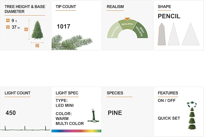 Glitzhome 9ft Pre-Lit Flocked Artificial Christmas Tree, Portland Snowy Pine Pencil Christmas Tree with 450 LED Lights, 9 Functional Warm White/Multi-Color, Remote Controller