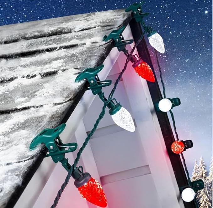 C9 LED Christmas Lights Outdoor with 100 Spring Clips, 81FT 100 LED C9 String Lights Waterproof Connectable Commercial Grade for Outside Roofline Patio House Yard Windows Christmas Decor, Red White