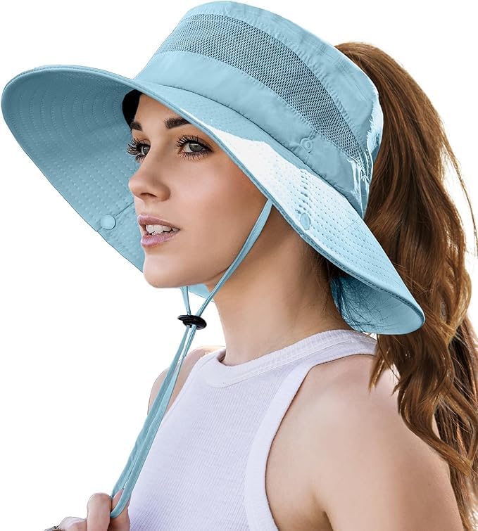 EW EastWater Beach Sun Bucket Hats for Women,UV Protection High Ponytail Hole UPF 50+ Waterproof for Hiking Safari Fishing