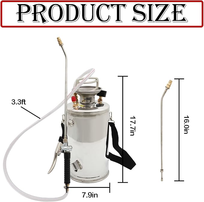 Hand Pump Sprayer Stainless Steel Sprayer for Indoor and Outdoor 1.5 Gallon Sprayer 16 in Wand 3.3 FT Hose