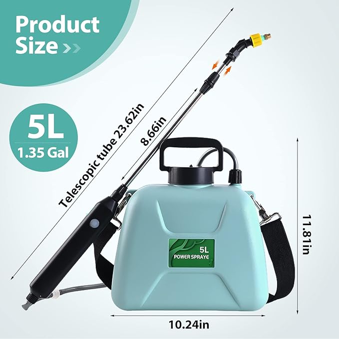 1.35 Gallon/5L Battery Powered Electric Sprayer with USB Rechargeable Handle, Portable Garden Sprayer with 23.6" Telescopic Wand, 3 Mist Nozzles and Adjustable Shoulder Strap