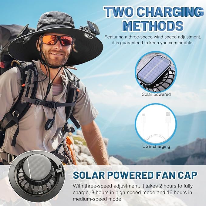 Solar Powered Fan Hat with 2 USB Solar Charging Removable Fans Wide Brim Sun Hat for Outdoor Fishing, Hiking Gardening