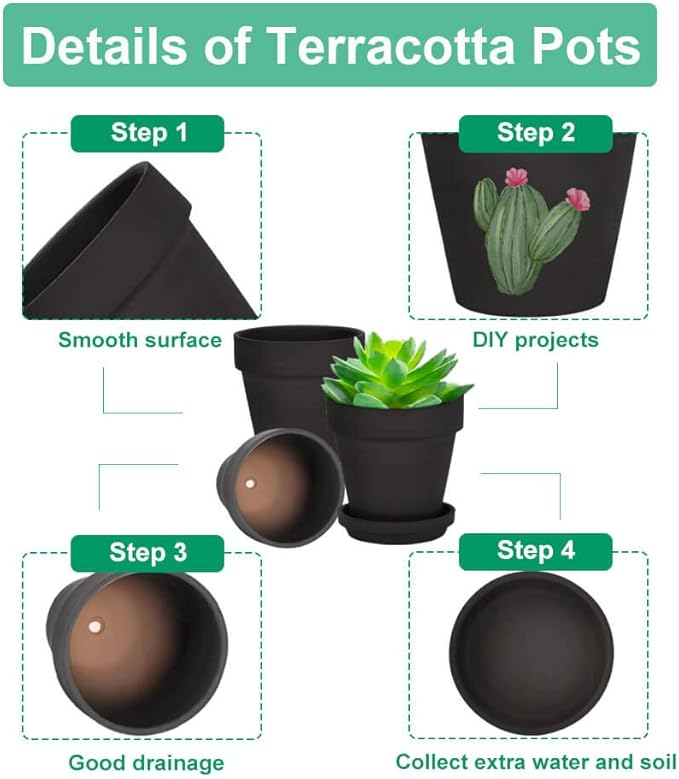 vensovo Black Terracotta & Clay Pots with Saucer - 6 Pack 5 Inch Terra Cotta Pot Ceramic Pottery Planter Cactus Flowerpots Drainage Hole, Great for Plants, Crafts and Wedding Favor