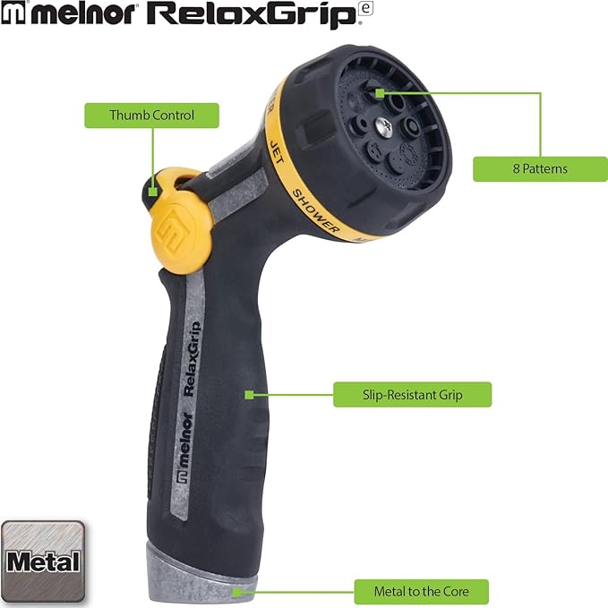 Melnor 65188AMZ RelaxGrip Metal Nozzle, Multi-Pattern, Arthritis Foundation Ease of Use Certified, Quick Connect Bundle, Black, Yellow
