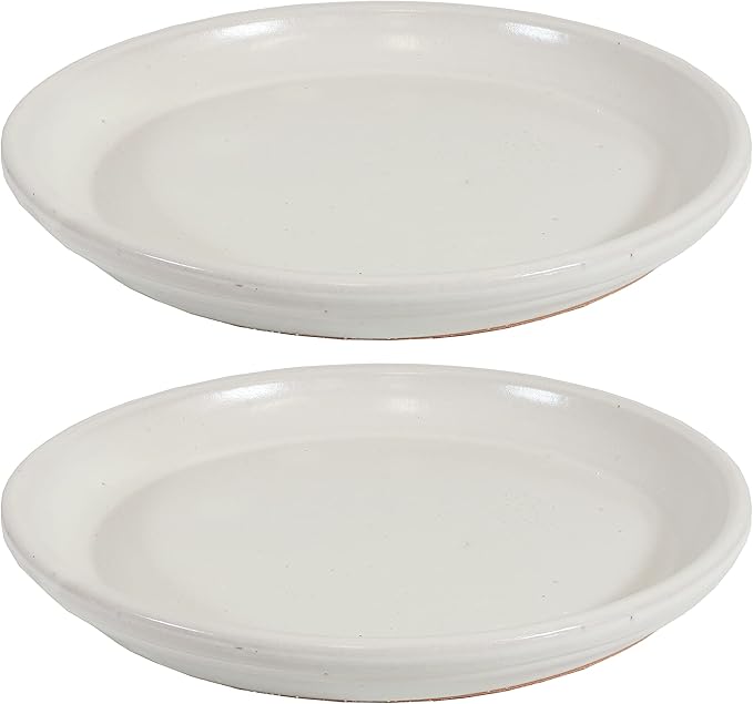 Sunnydaze 12-Inch Ceramic Plant Saucers - Plant Drip Trays for Outdoor Planter Flower Pot Drainage - Set of 2 - Pearl