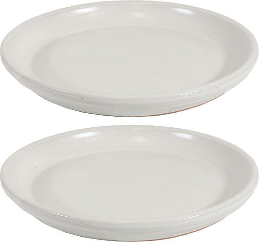 Sunnydaze 12-Inch Ceramic Plant Saucers - Plant Drip Trays for Outdoor Planter Flower Pot Drainage - Set of 2 - Pearl