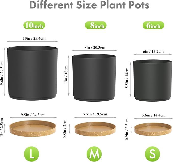 10/8/6 inch Large Deep Plant Pots for Outdoor Indoor Plants, 3 Pack Tall Cylinder Flower Pots with Drainage Holes and Saucers, Big Plastic Planter Pots for Garden House Porch, Black with Brown