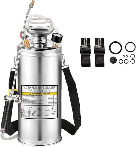 1.5Gal Stainless Steel Pump Up Sprayer Reinforced Hose, Hand Pump Sprayer with Pressure Gauge&Safety Valve, Adjustable Nozzle Suitable for Gardening (1.5 Gallon)