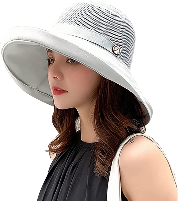 Women Wide Brim Sun Hats Metal Wired Edge Summer UV Protection Beach Fishing Hat for Hiking Garden Travel Chin Strap