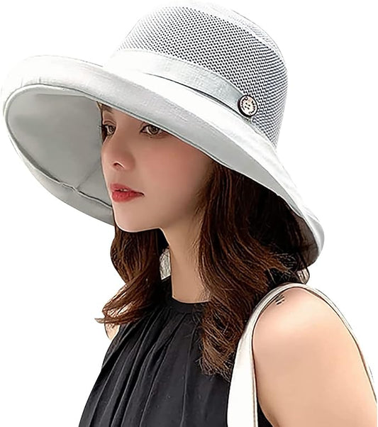 Women Wide Brim Sun Hats Metal Wired Edge Summer UV Protection Beach Fishing Hat for Hiking Garden Travel Chin Strap