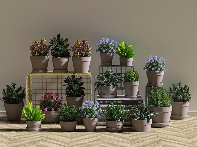 Fcacti 6 Pack 4.5 Inch Grey Terra Cotta Pots with Saucer, Clay Planters with Drainage Hole, Indoor/Outdoor Cactus Clay Flower Pots