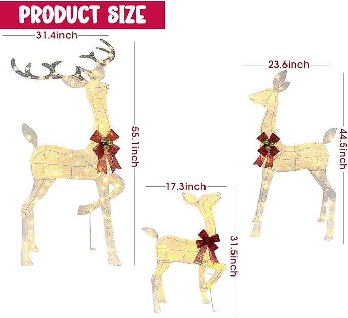 55" Outdoor Lighted Reindeer Christmas Decorations, 3-Piece Reindeer Family Set with 240 LEDs, Bells, Red Bows, Durable Weatherproof Metal Frame for Yard, Garden, Indoor Holiday Decor, White