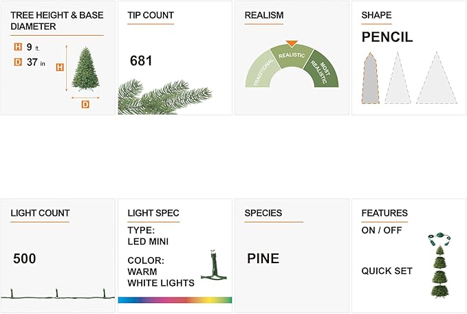 Glitzhome 9ft Pre-Lit Flocked Pencil Pine Artificial Christmas Tree with 500 Warm White Lights and Foldable Metal Stand for Home, Office, Party Decoration, Easy Assembly