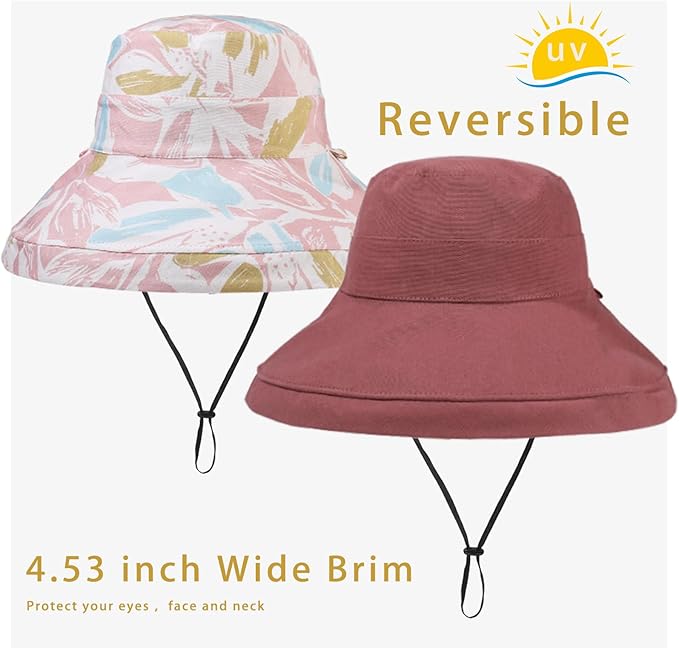 vidsel Womens Sun Hats Wide Brim Reversible Bucket Cotton Hat Packable Summer Travel Cap with Hat Clip,UV Protection