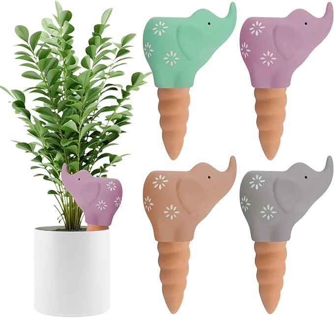 4Pcs Plant Watering Globes, Kalolary Elephant Shape Self Watering Spikes Terracotta Drip Water Stakes Irrigation Watering Bulbs for Pot, Indoor, Outdoor, Vacation