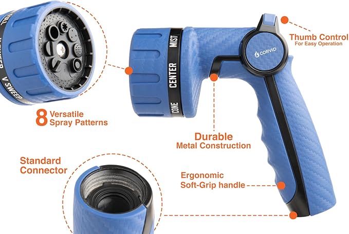 2-Pack Corvid Heavy Duty 8-Pattern Garden Hose Nozzle with Thumb Control, Adjustable High-Pressure Watering Spray Nozzle with Ergonomic Handle - Perfect for Lawn & Garden, Car Wash, Pet Cleaning