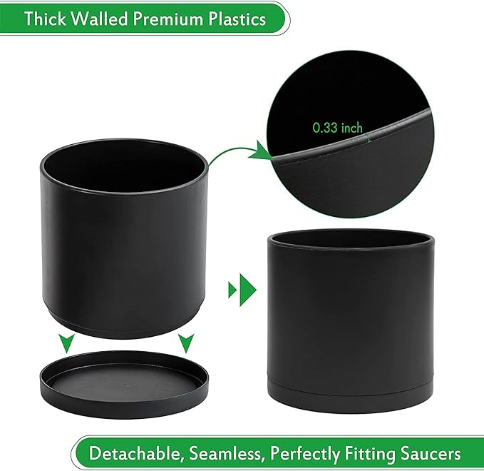 D'vine Dev 12 Inch Plastic Planter Pots for Plant Pot with Drainage Hole and Seamless Saucers, Black Color, 74-X-B-3