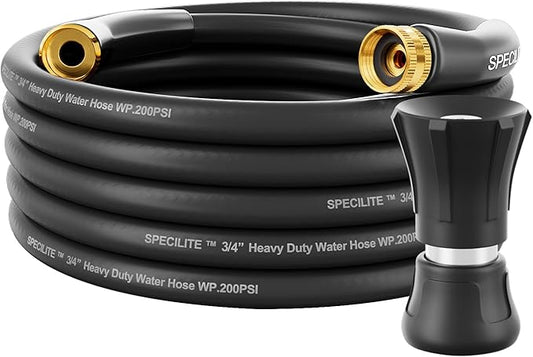 SPECILITE 3/4" Garden Hose 25 ft with High Flow Nozzle, Heavy Duty Flexible Hybrid Rubber Water Hose for Outdoor, Lightweight, Leak-Proof, No-Kink, 3/4"Brass Fittings,Black