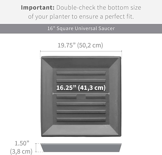 Crescent Garden Universal Square Plant Saucer, Weather-Safe Durable Drip Tray for Square Planter, Heavy-Duty Plastic Drainage Dish, Large Outdoor Flowerpot Saucer - 16'' Inner x 19.75" Outer (Black)