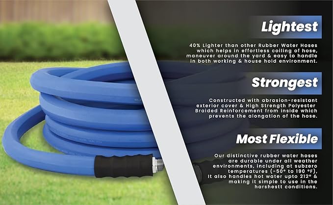 AG-LITE AL3425 3/4" x 25' Rubber Farm & Ranch Water Hose, Lightweight, 500 PSI, 50F to 190F Degree, Polyester Braided, Brass GHT Fittings, 4 Finger-Grip Bend Restrictor, Agriculture & Industrial Use