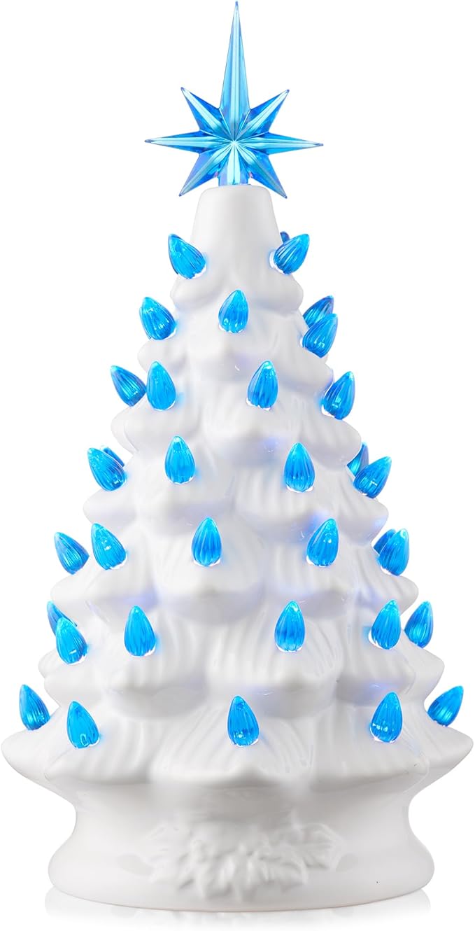 Casafield Hand Painted Ceramic Christmas Tree, White 12-Inch Pre-Lit Tree with 100 Pink and Blue Lights and 2 Star Toppers