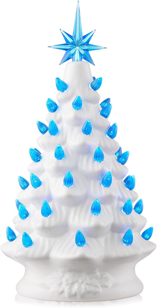 Casafield Hand Painted Ceramic Christmas Tree, White 12-Inch Pre-Lit Tree with 100 Pink and Blue Lights and 2 Star Toppers