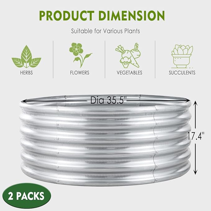 FORTUNO High Round Galvanized Raised Garden Bed Kit, Fire Pit Ring Dia 3 x H 1.5Ft (2 Pack) Metal Outdoor Flower Bed Steel Patio Ground Planter for Planting Vegetables and Herb, Silver