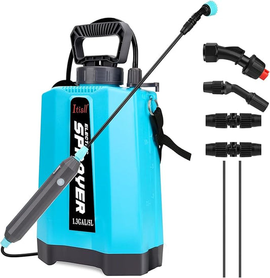 Battery Powered Electric Garden Sprayer, Upgrade Double Wand With USB Rechargeable Handle, 3 Mist Nozzles, Shoulder Strap - 1.35Gallon/5L