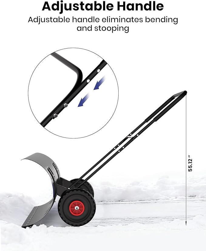 29" Snow Pusher Shovel with Wheels, Adjustable Ergonomic U-Handle Snow Plow for Driveway, Heavy Duty Wheeled Rolling Shovels for Driveway and Sidewalks with Angeled Blade