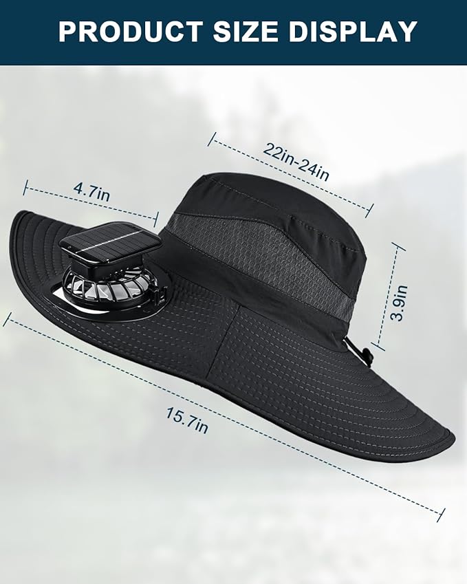 Wide Brim Sun Hat with 2 Solar Fan, Sun Bucket Hat for Men Women, UPF 50+ Bucket Fishing & Beach Hat with Fan