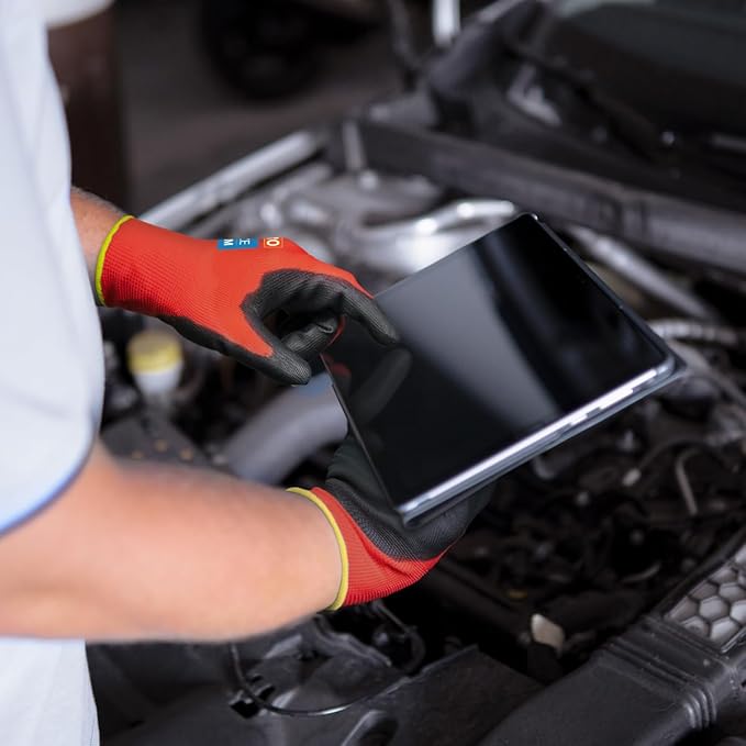 KAYGO Safety Work Gloves PU Coated for Men and Women- KG11P,12 Pairs,Seamless Knit Glove with Two Fingers Touchscreen,Ideal for General Duty Work (Red,L)