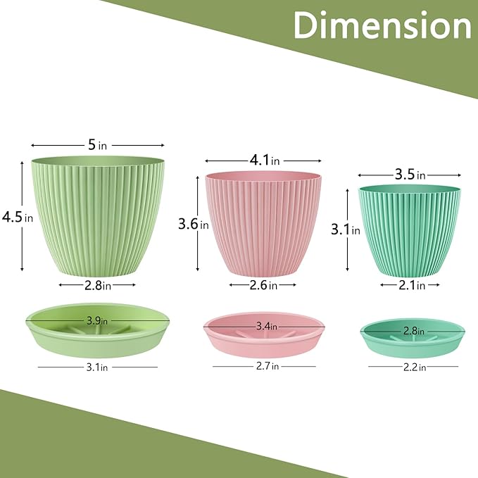 SupKing Plant Pots 5/4/3.5 Inch Set of 3,Small Mini Cute Plastic Flower Pots Planters with Mesh Drainage Holes Green Pink Blue Nursery Round Planting Pot for Indoor Outdoor Garden Plants