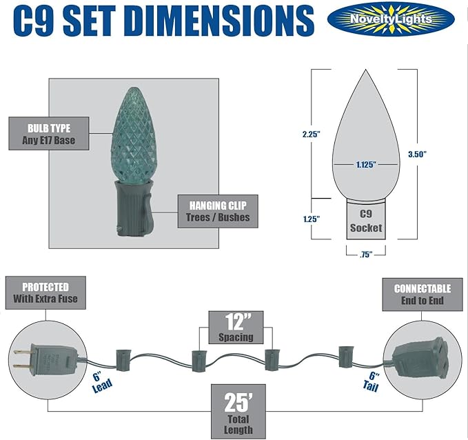 C9 Yellow Outdoor Christmas Lights - 25 Foot Roofline & Patio String Light Set - Green Wire